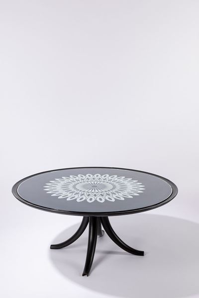 Tavolino da salotto in cristallo argentato e legno, 1947 ca.