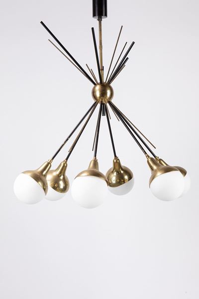 Lampadario a sei luci in metallo dorato e ottone, 1950 ca.