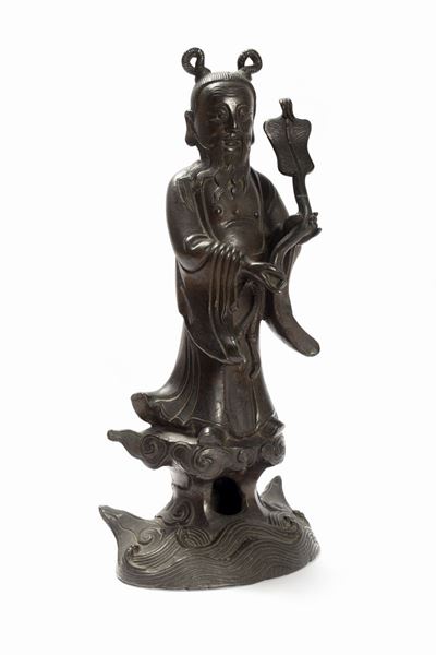Scultura in Bronzo Raffigurante Divinità con Ventaglio, Cina Fine Dinastia Ming - Inizi Dinastia ...