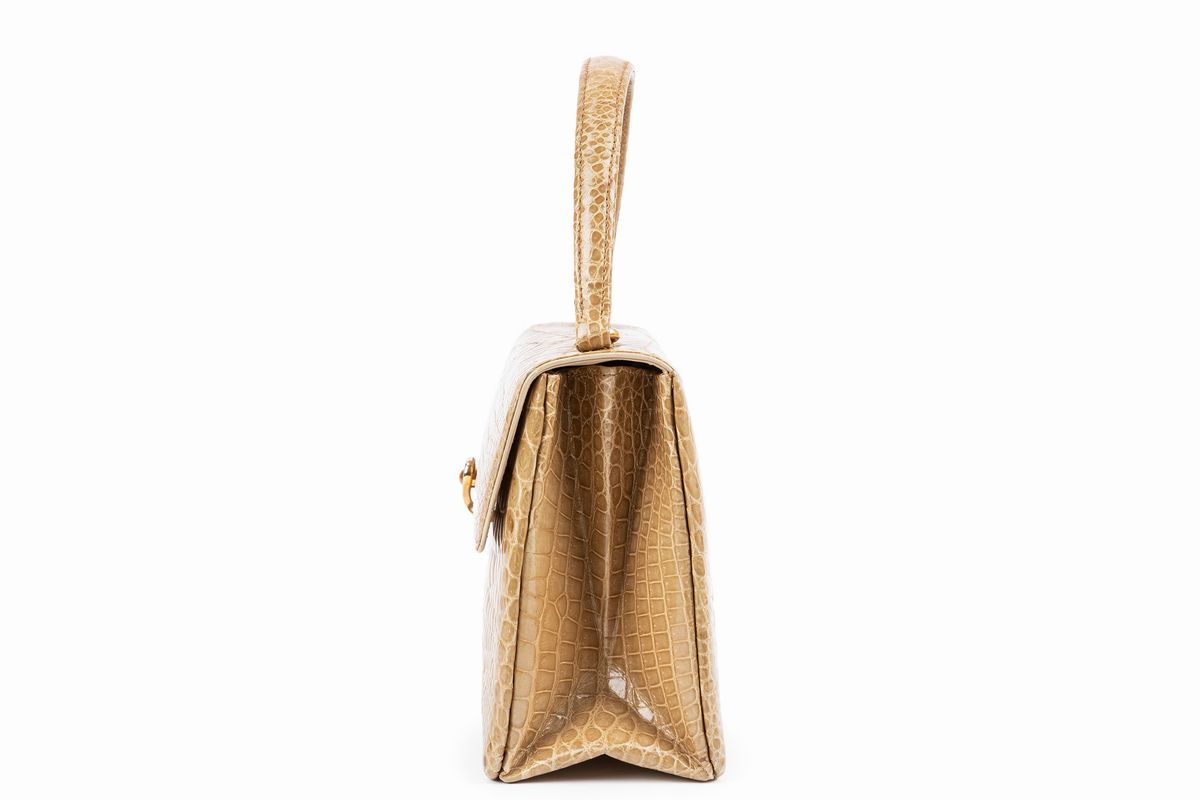 Gucci - Borsa in coccodrillo color champagne con chiusura in occhio di Tigre