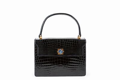 Borsa in coccodrillo blu scuro con dettagli in metallo placcato oro