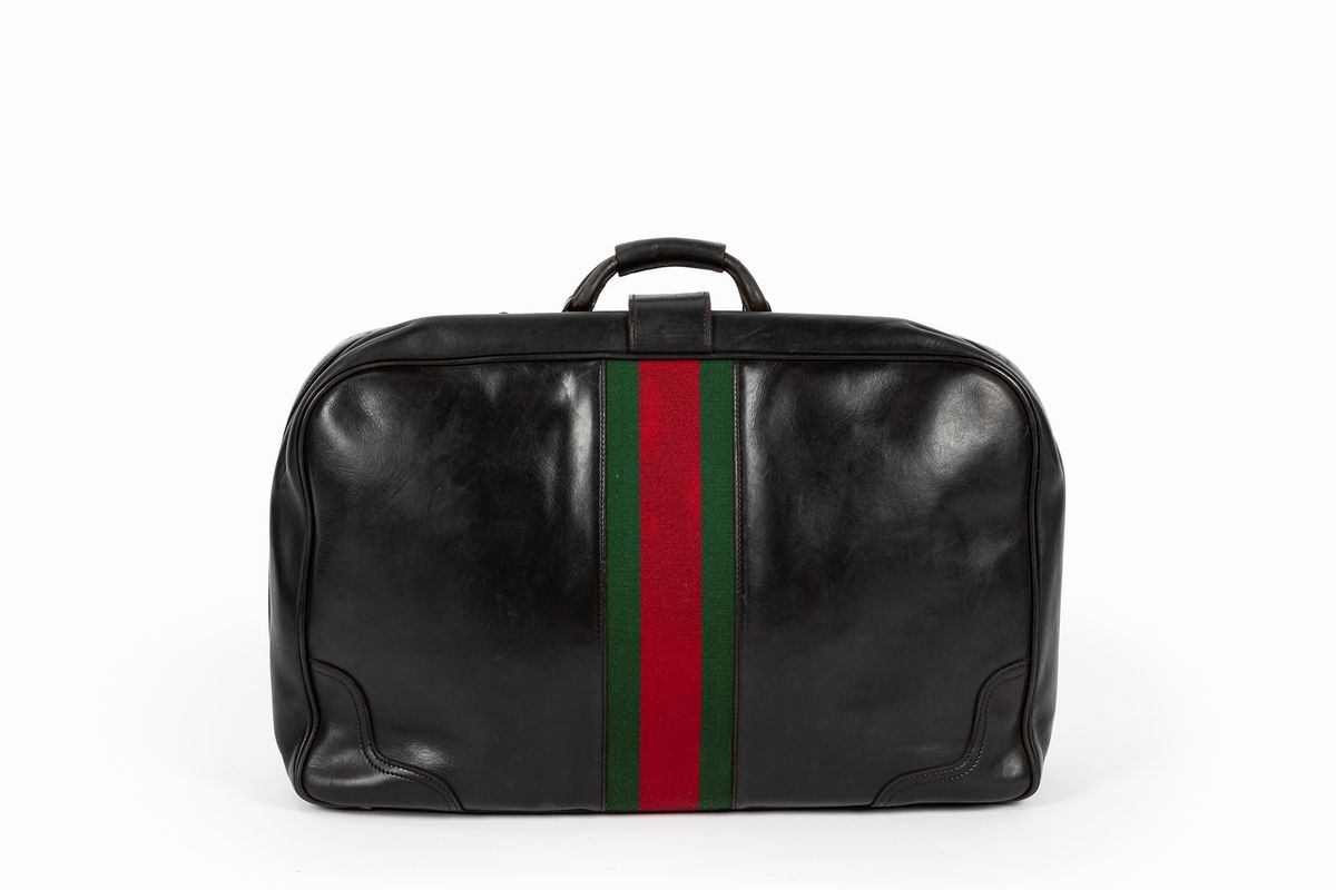 Gucci - Valigia in pelle nera con dettagli in tessuto