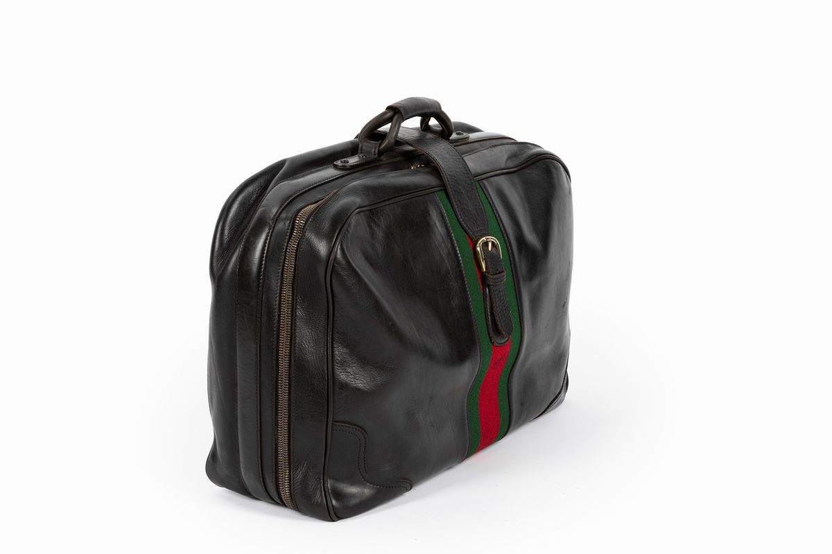 Gucci - Valigia in pelle nera con dettagli in tessuto