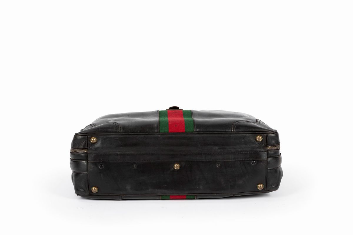 Gucci - Valigia in pelle nera con dettagli in tessuto