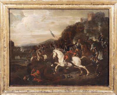 Battaglia con castello in lontananza, olio su tela