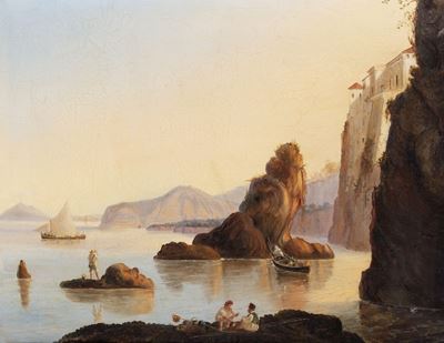 Scuola napoletana, Veduta del Golfo di Napoli dalla costiera Sorrentina con il Vesuvio, olio su t...