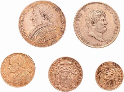 Lotto di 5 monete in argento: uno scudo di Gregorio XVI, 120 grana di Ferdinando II, 10 lire di P...