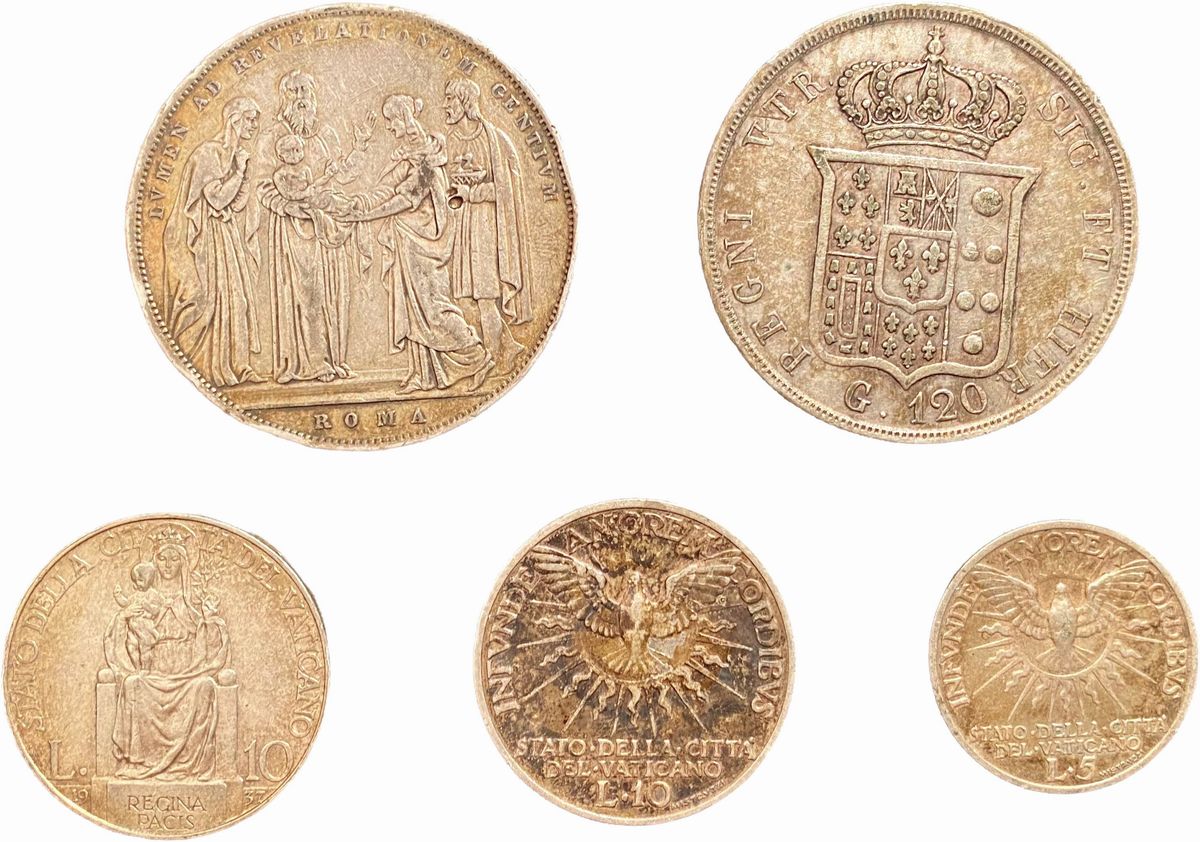 Lotto di 5 monete in argento: uno scudo di Gregorio XVI, 120 grana di Ferdinando II, 10 lire di P...