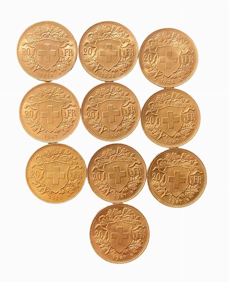 Svizzera - Lotto di 10 monete da 20 Franchi Svizzeri, 1900-1947