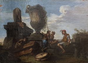 Scuola romana, secolo XVIII - Soldati presso ruderi antichi