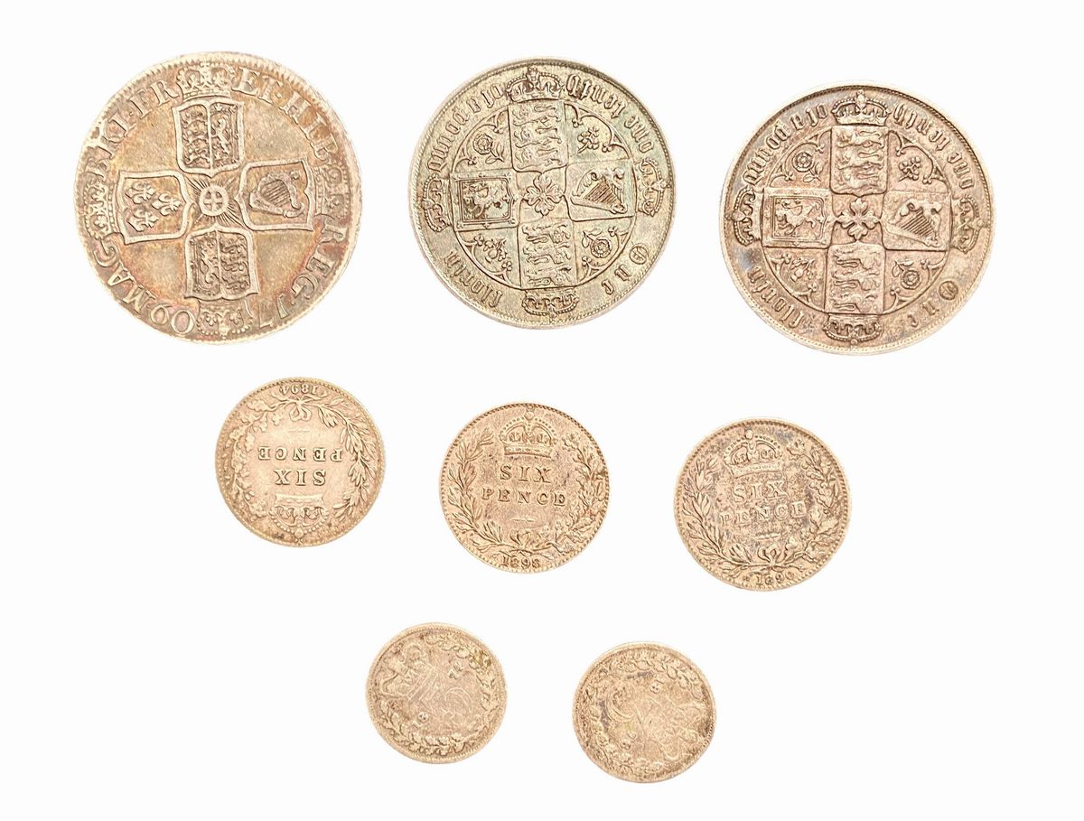 Gran Bretagna - Monete britanniche, Lotto di 8 monete compreso un fiorino della Regina Anna e fio...