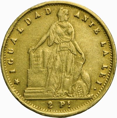 Moneta da 2 Pesos, 1860, in oro, peso 3,02 g, diametro 17,02 mm