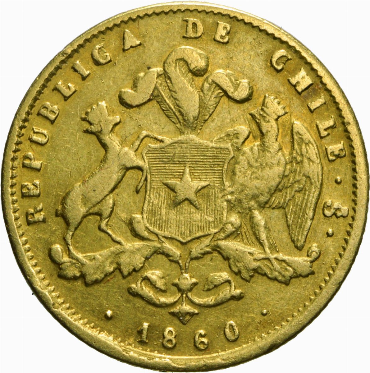 Cile - Moneta da 2 Pesos, 1860, in oro, peso 3,02 g, diametro 17,02 mm