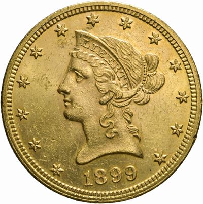 Moneta da 10 Dollari, 1899, Oro, 16,36 g, Diametro 27,07 mm