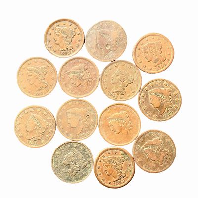 Esemplari da One Cent, lotto di 13 unità, epoca ottocentesca