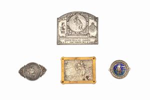 Lot consisting of four plaques with San Cristoforo, three in metal and one in silver and enamels