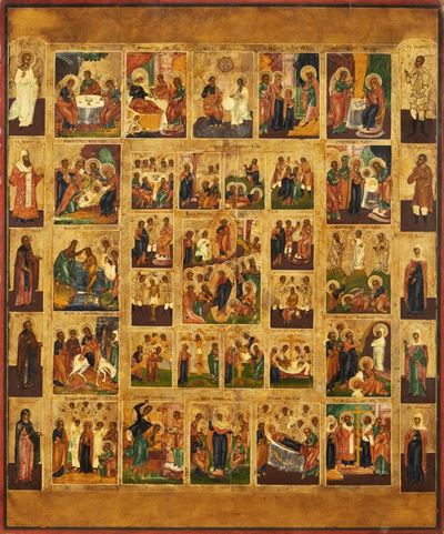Icona Russa con Scene della Vita e della Passione di Gesù, Secoli XVIII - XIX
