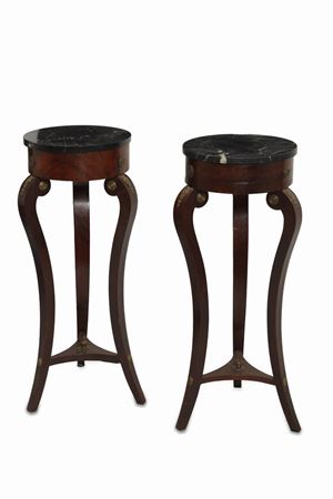  - Pair of wooden gueridons, with bronze applications and black marble top, 19th century