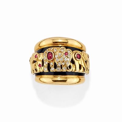 Anello in Oro Giallo 18k, Diamanti, Rubini e Smalto