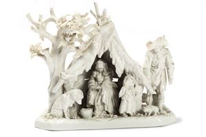 Gruppo scultoreo in porcellana bianca raffigurante famiglia di contadini in inverno, fine secolo XIX - inizi secolo XX