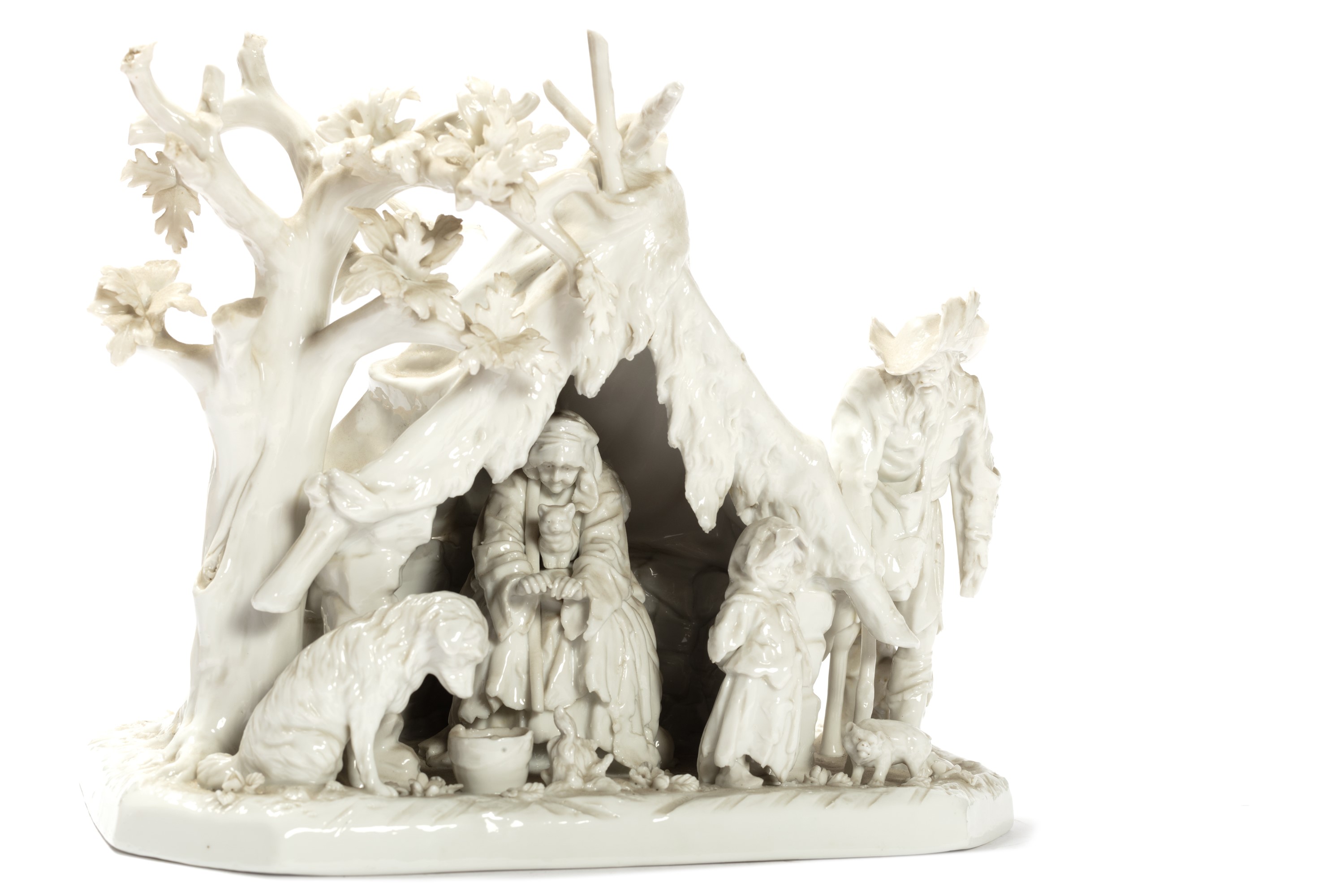 Gruppo scultoreo in porcellana bianca raffigurante famiglia di contadini in  inverno, fine secolo XIX - inizi secolo XX, Incanti d'Arte