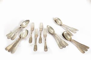 Lotto composto da quindici cucchiai e quattro forchette in argento, Parma inizi secolo XIX