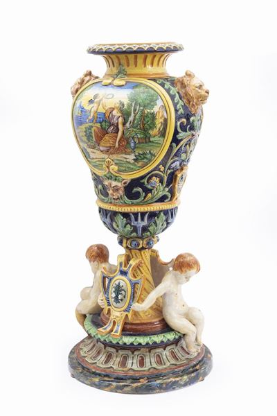 Vaso a Due Corpi in Maiolica Istoriata con Scene Mitologiche, Fine Secolo XIX