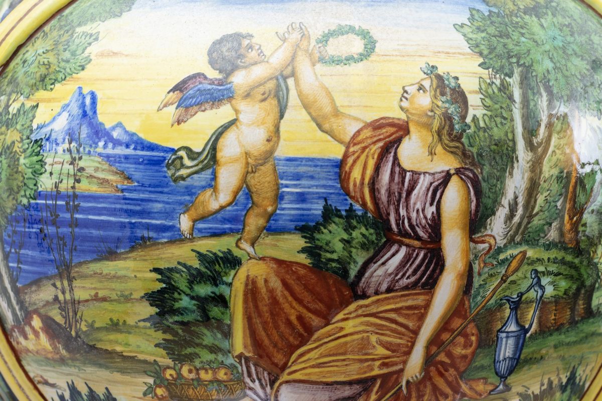 Vaso a Due Corpi in Maiolica Istoriata con Scene Mitologiche, Fine Secolo XIX