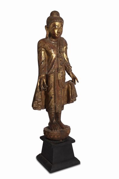 Buddha Thai in Legno Intagliato e Dorato, Secolo XIX