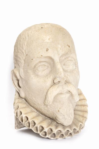 Scultura in Marmo Raffigurante Testa Virile con Gorgiera, Secolo XVII