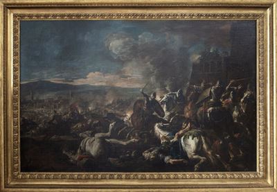 Francesco Monti, Battaglia con città in lontananza, olio su tela