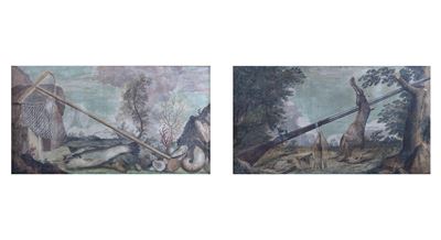 Opera non attribuita, Pescato e Cacciagione, tempera su tela, cm 75 x 136 ciascuna