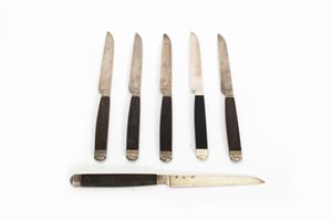 Set of six silver knives with wooden handle, France, early 19th century