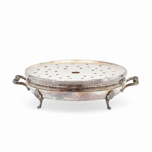 A silver and metal food warmer