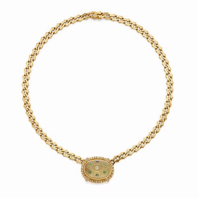 Collana in Oro Giallo 18k, Diamanti, Zaffiri, Smeraldi e Pietra Dura