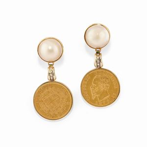 A 18K yellow gold, mabé pearl, diamond and coins earrings
