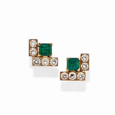 Orecchini in Oro Bicolore 18k, Smeraldi e Diamanti