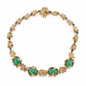 A 18k two-color gold, jadeite, sapphire and diamond necklace