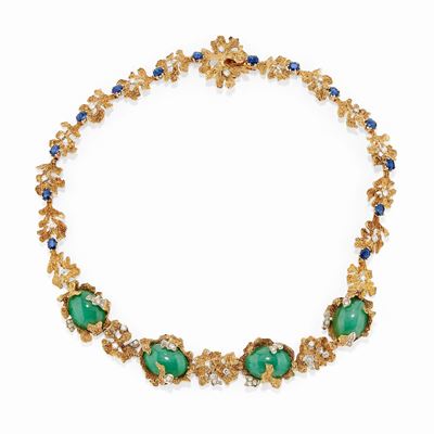 Collana in Oro Bicolore 18k, Giadeite, Zaffiri e Diamanti
