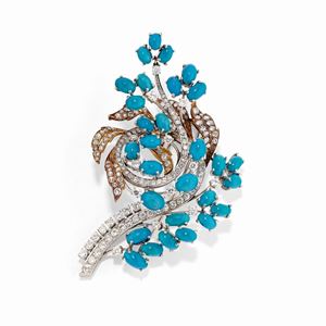  - Spilla in oro bicolore 18k, turchesi e diamanti