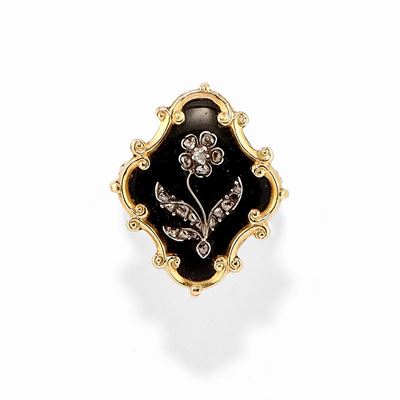Anello in Oro Giallo 18k, Argento, Onice e Diamanti, Inizio XX Secolo