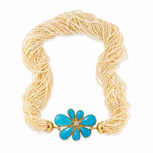Collana in oro giallo 18k, perle di fiume e pasta di turchese