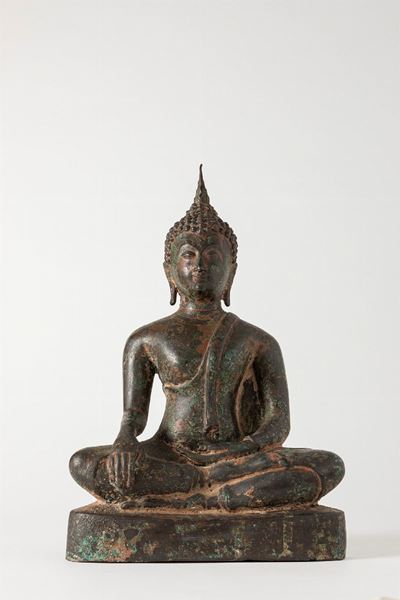 Scultura in bronzo raffigurante Buddha assiso, Thailandia, secolo XVIII/XIX