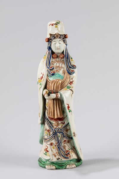 Antica Guanyin in Ceramica Policroma, Manifattura Orientale