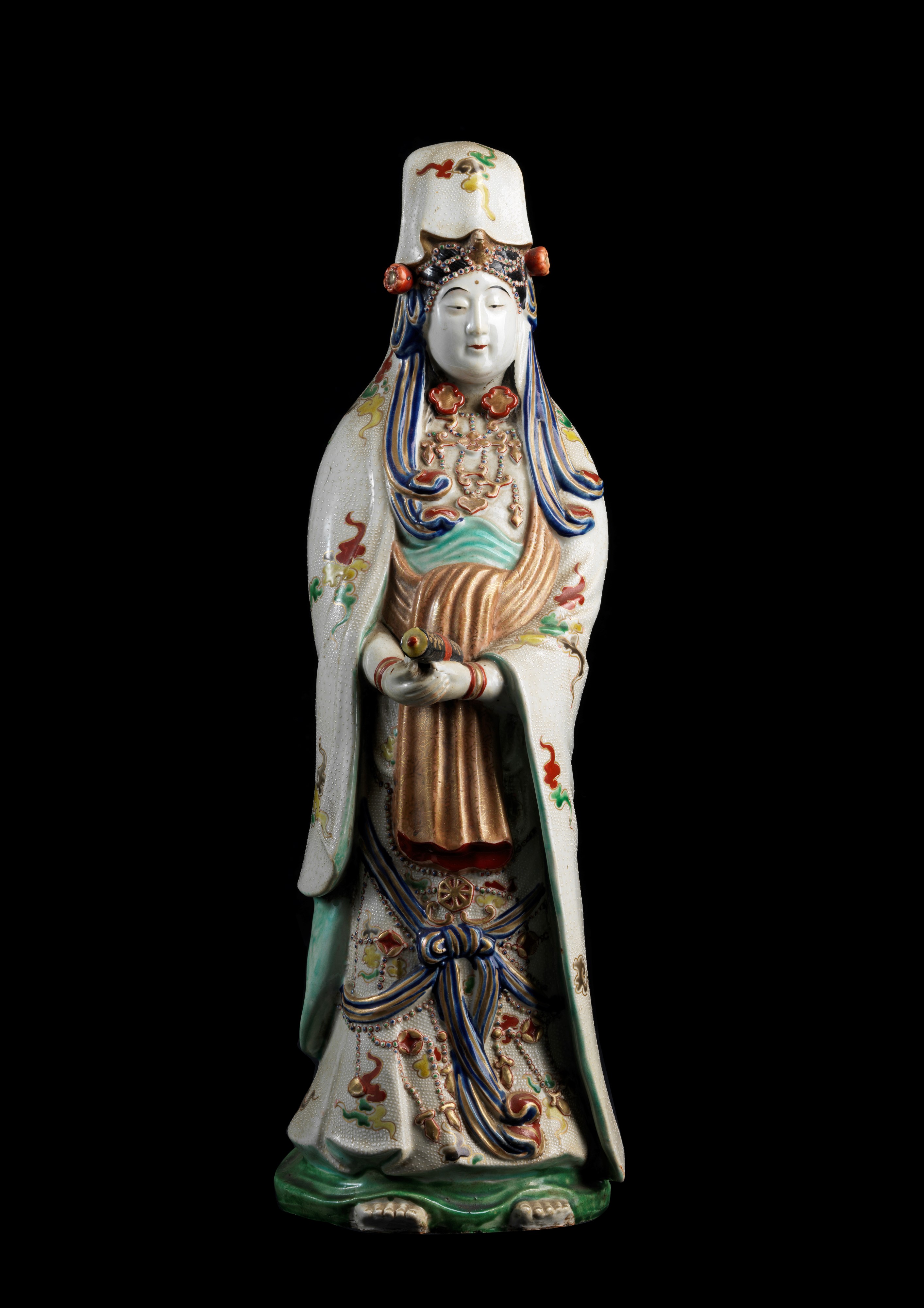 Antica Guanyin in Ceramica Policroma, Manifattura Orientale