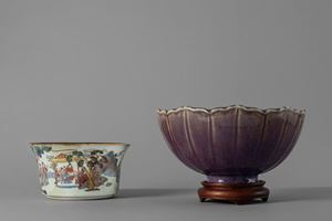 An aubergine-glazed bowl, China, Republic Period (1912-1949) and a porcelain bowl, China, 19th century