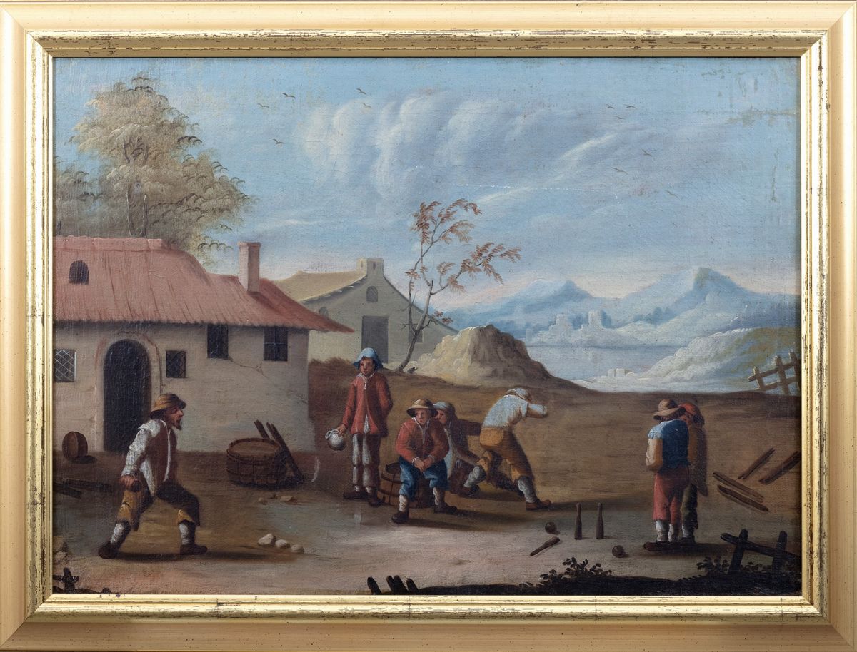 Scuola Piemontese, Secolo XVIII - Paesaggio con Giocatori di Birilli