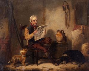 Scena d'interno con uomo che legge e due cani