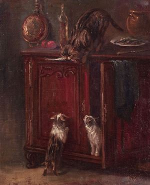 Interior scene with cats stealing a fish