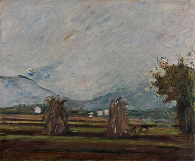 Paesaggio con pagliai, olio su tela